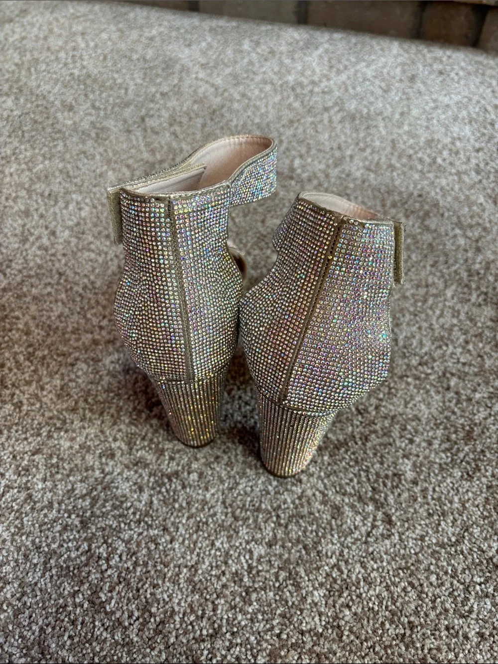 De Blossom Collection Iridescent Crystal Ankle-Strap Block Heels - Champagne